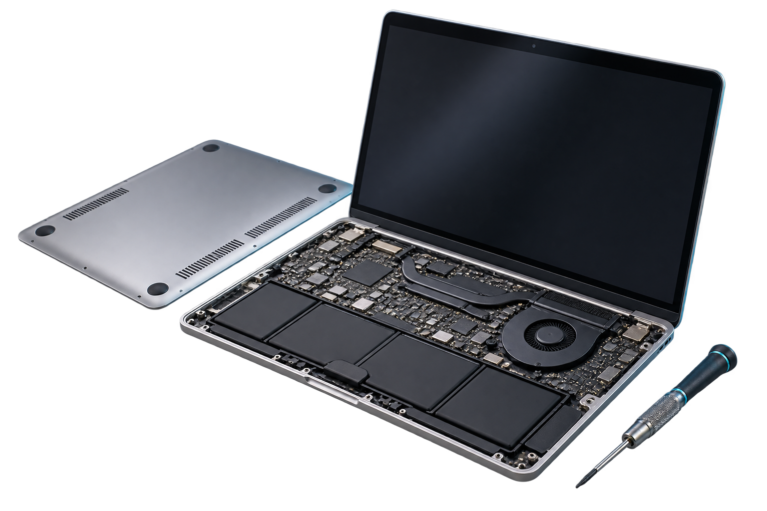 Laptop repair with exposed internal components and precision tools